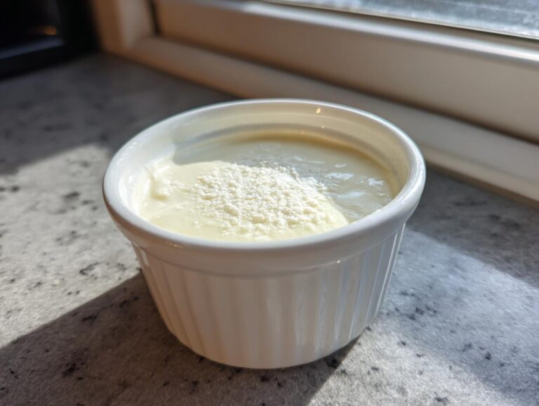 A small white ramekin filled with creamy homemade garlic sauce, topped with a sprinkle of white powder.