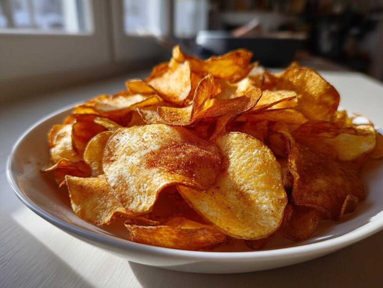Close-up of a white bowl overflowing with golden, crispy homemade potato chips seasoned with paprika.