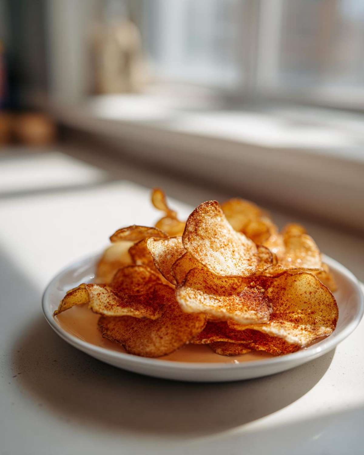 A small white bowl piled high with homemade, seasoned potato chips catching the sunlight.