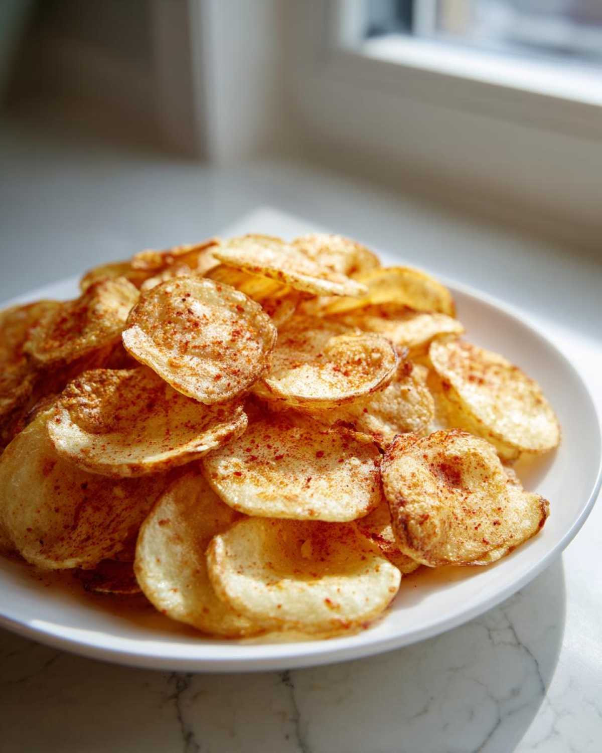 A mound of freshly made, seasoned potato chips sprinkled with red spice, served on a white plate.