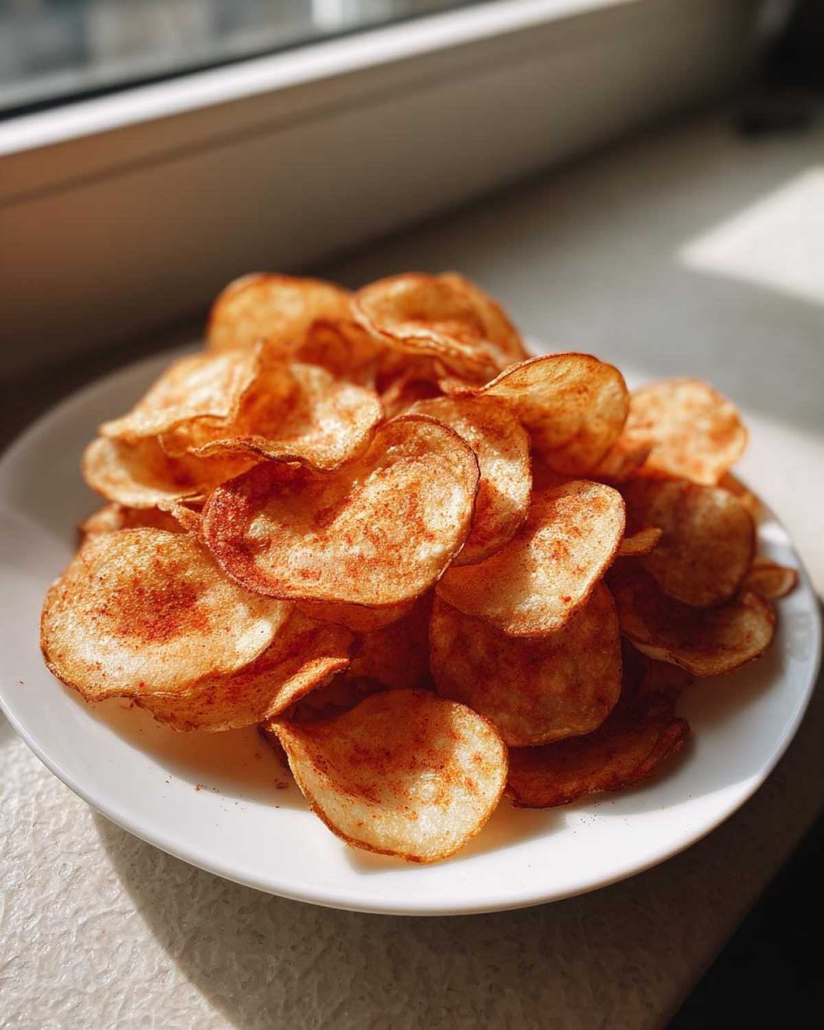 A close-up of a pile of golden, seasoned homemade potato chips on a white plate, catching bright sunlight.