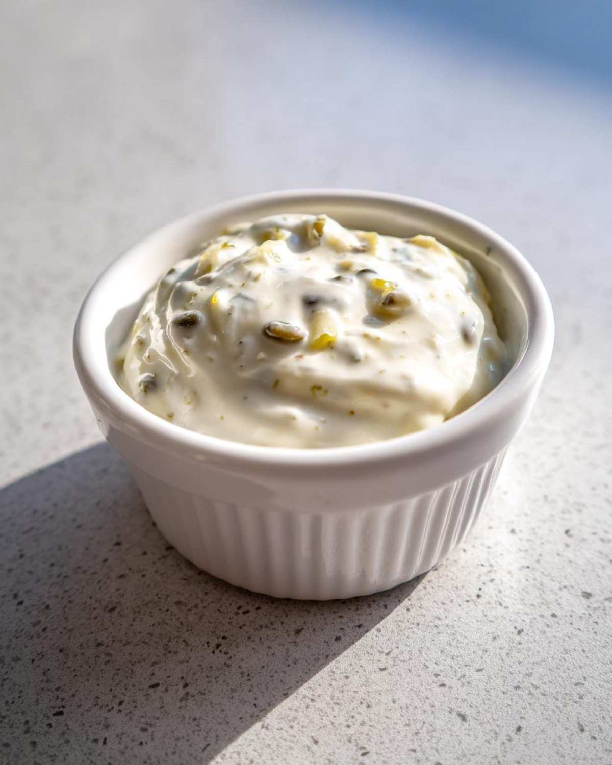 Close-up of creamy homemade tartar sauce with visible relish chunks in a small white bowl.