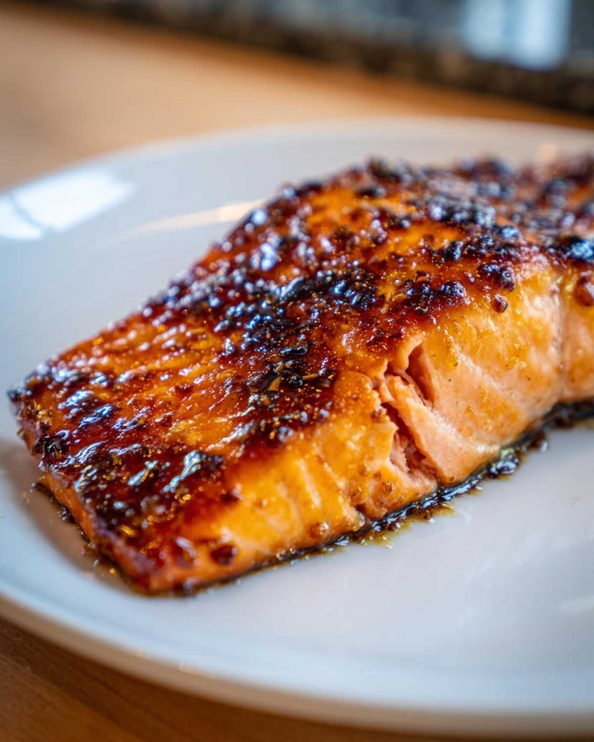 Close-up of a perfectly cooked salmon recipe fillet with a thick, caramelized honey garlic glaze