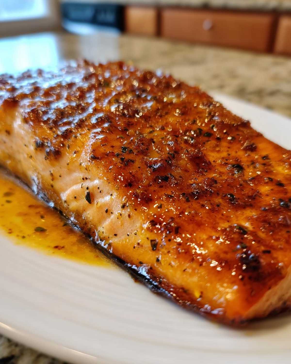 Close-up of a perfectly cooked salmon recipe fillet glazed with honey garlic sauce and black pepper