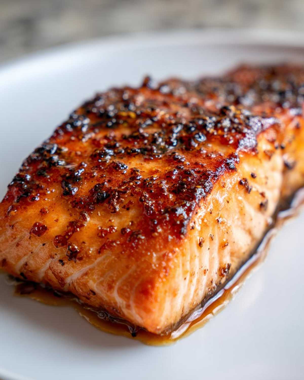 Close-up of a perfectly cooked salmon recipe fillet with a dark, caramelized honey garlic glaze on a white plate