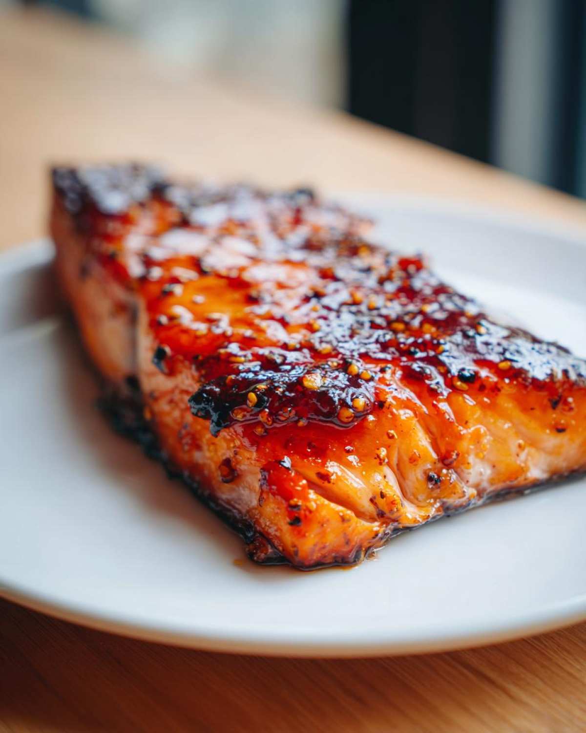 Close-up of a perfectly cooked salmon recipe fillet with a shiny, dark honey garlic glaze and visible mustard seeds