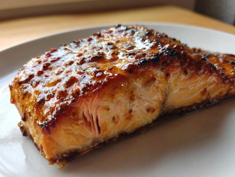Close-up of a perfectly cooked salmon recipe fillet with a thick, shiny honey garlic glaze.