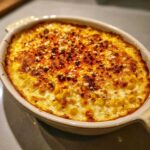 Close-up of a bubbling, baked elote dip topped with browned cheese and paprika in an oval ceramic dish.