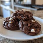 A stack of three rich, dark chocolate hot chocolate cookies topped with chocolate chips and mini marshmallows on a white plate.