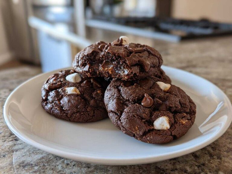 A stack of three rich, dark chocolate hot chocolate cookies topped with chocolate chips and mini marshmallows on a white plate.
