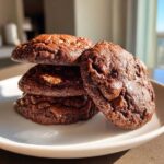 A stack of four rich, dark chocolate hot chocolate cookies piled on a white plate, featuring visible chocolate chips.