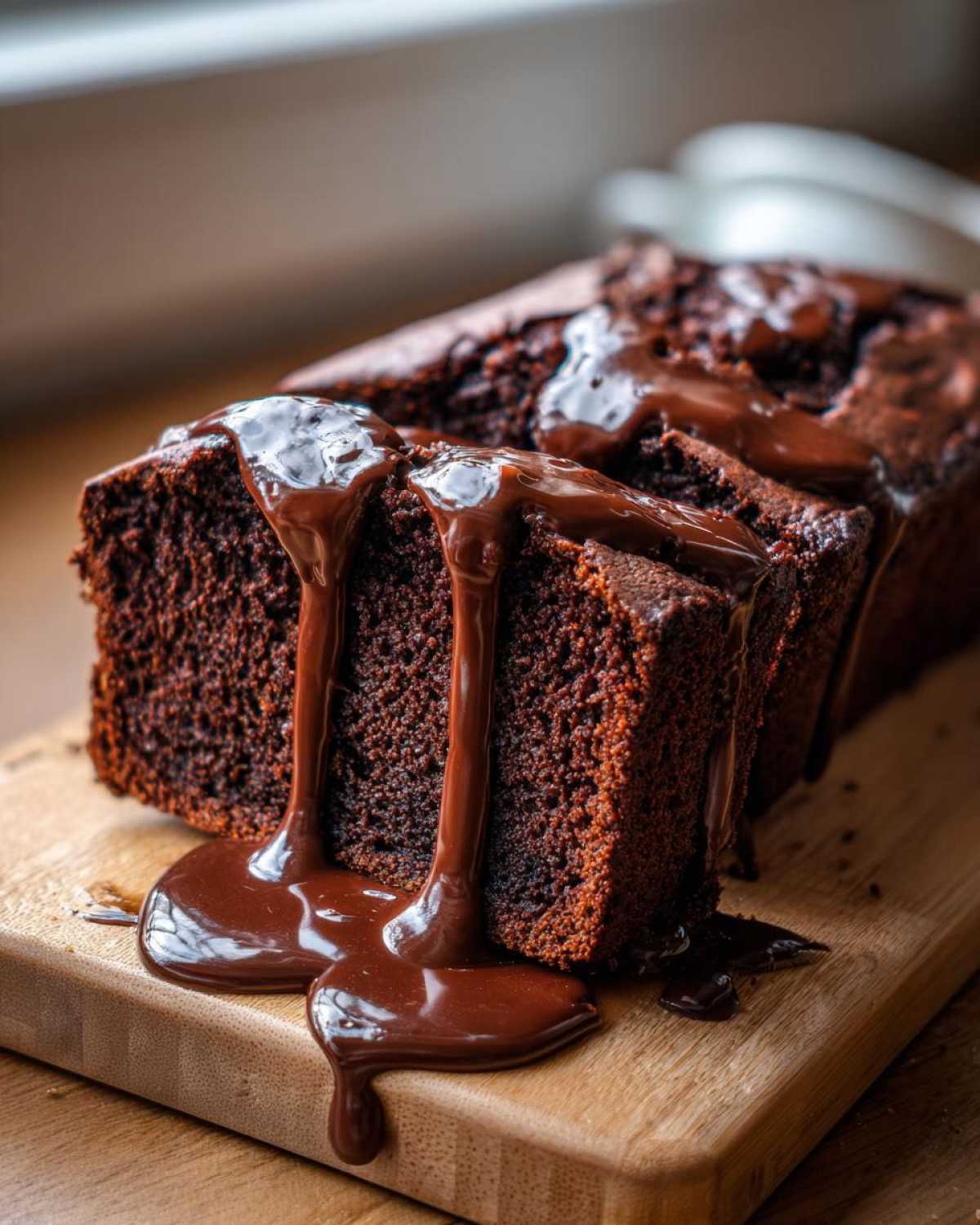 Close-up of rich, dark hot fudge brownie bread loaf with thick chocolate fudge sauce dripping down the sides.