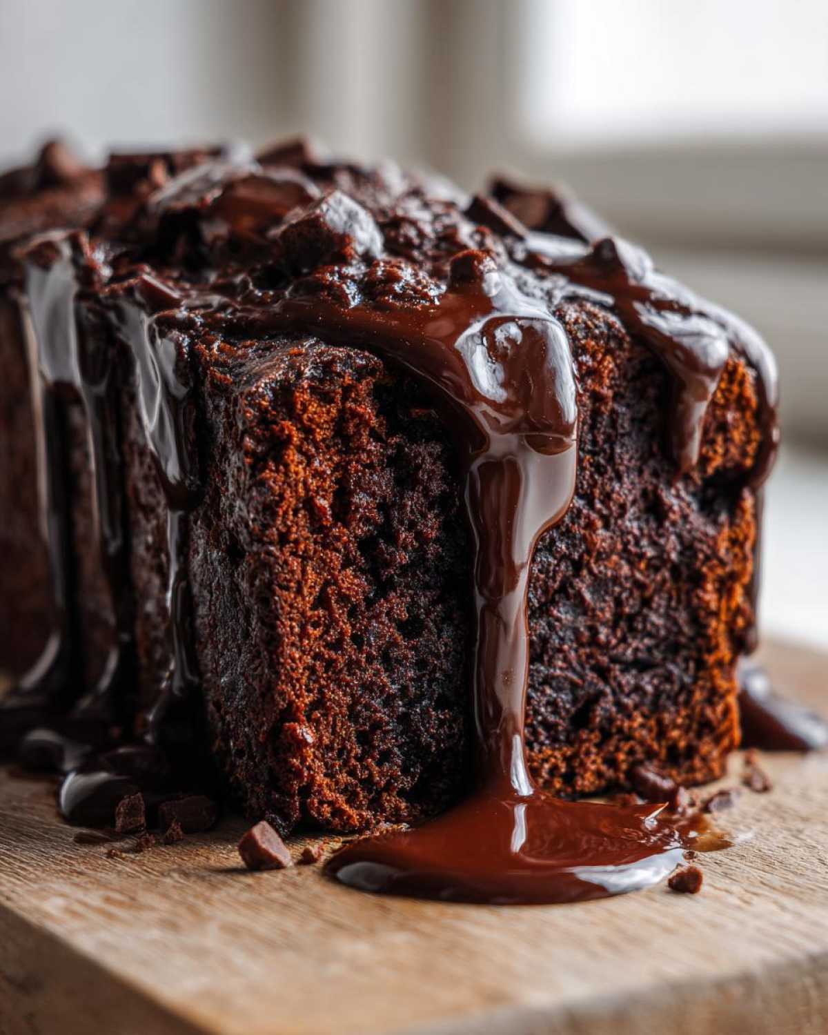 Close-up of a rich, dark hot fudge brownie bread loaf generously covered in dripping chocolate fudge sauce.