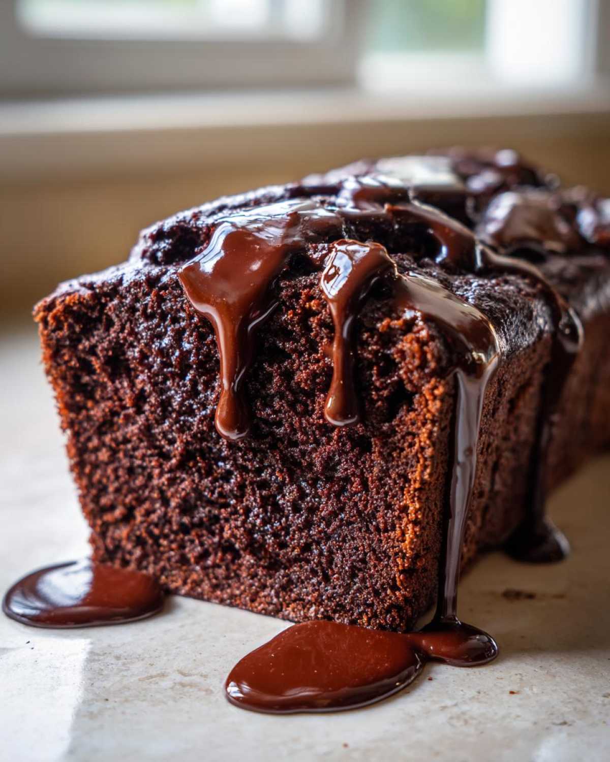A rich, dark slice of hot fudge brownie bread generously topped with dripping chocolate fudge sauce.