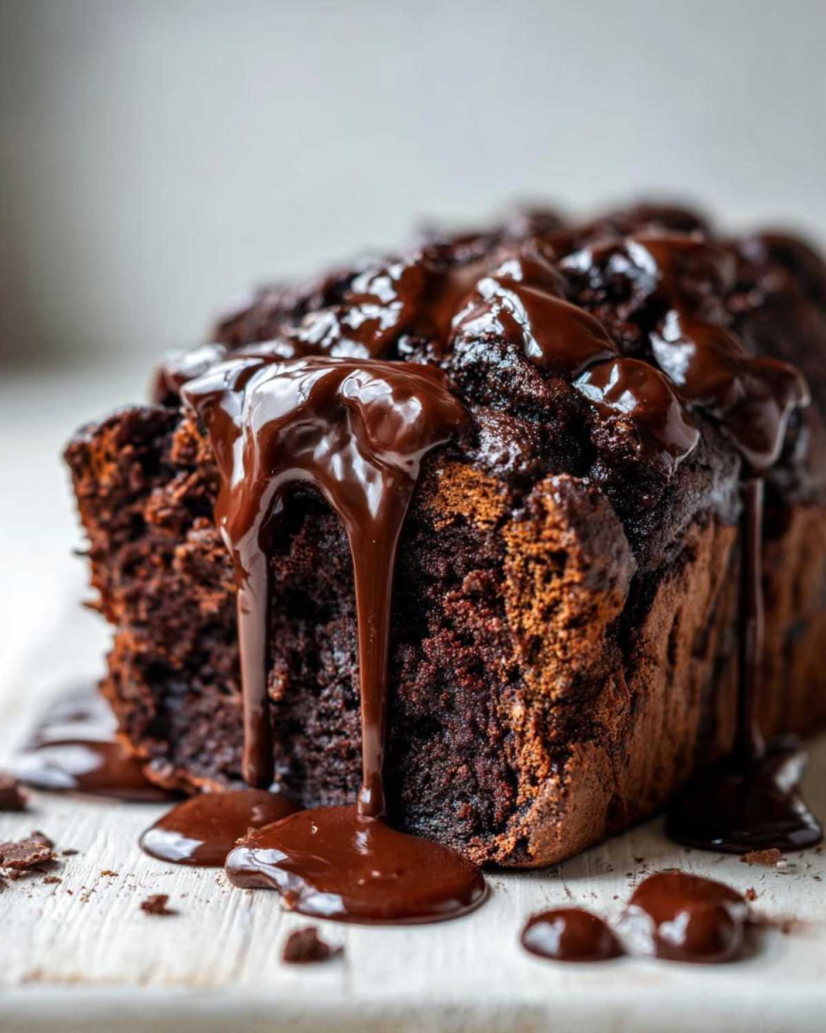 A close-up of a rich, dark hot fudge brownie bread loaf generously topped with glossy, dripping hot fudge sauce.