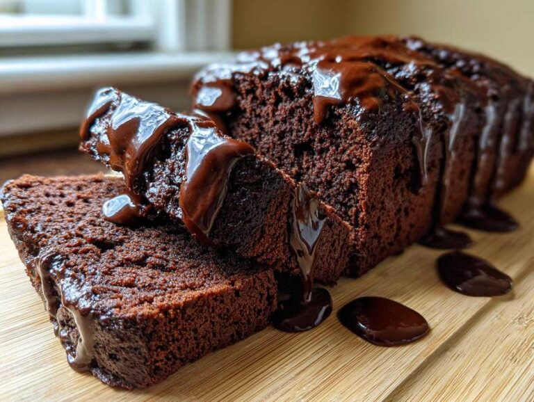 Close-up of rich, dark slices of hot fudge brownie bread generously drizzled with thick chocolate fudge sauce.
