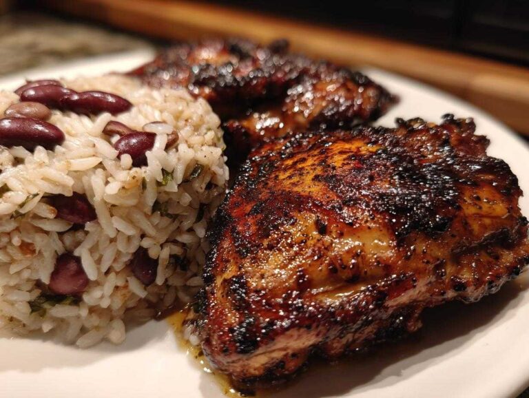 Close-up of two pieces of charred, glazed Jamaican Jerk Chicken served next to a mound of rice and peas.