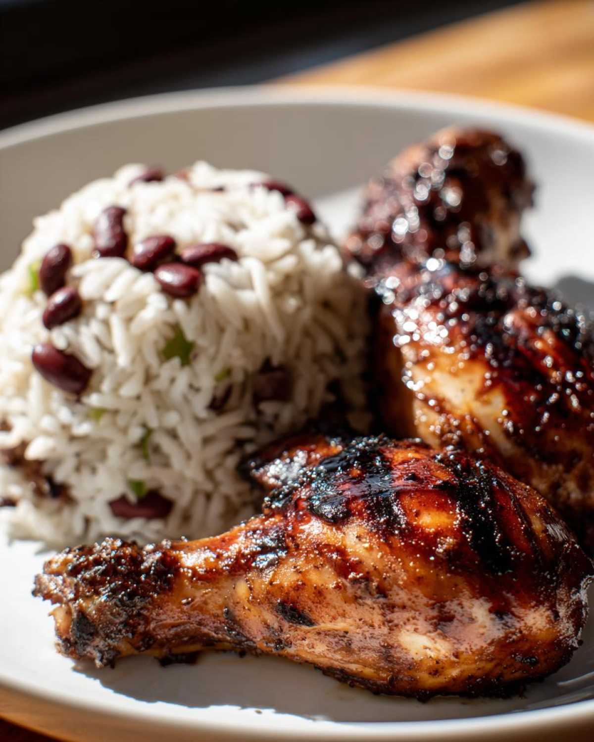 Close-up of glazed Jamaican jerk chicken drumsticks served next to rice and peas on a white plate.