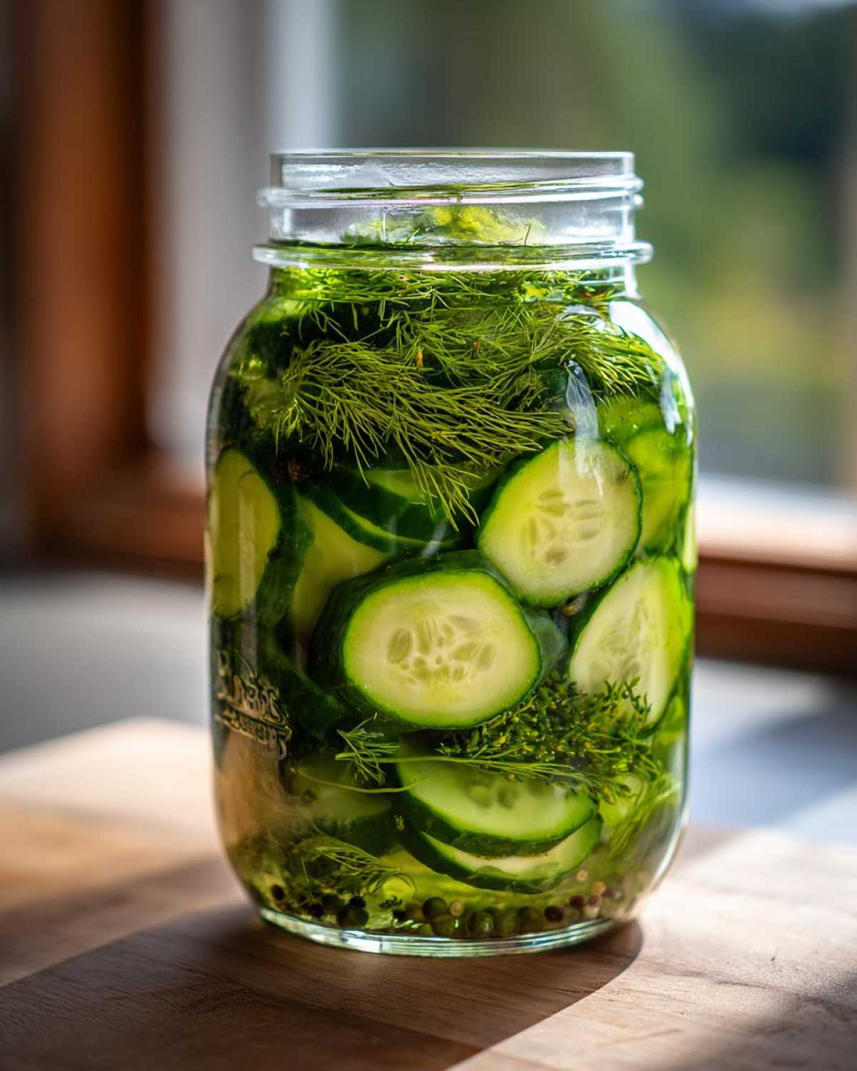 Close-up of sliced cucumbers and fresh dill inside a glass jar for refrigerator pickles.