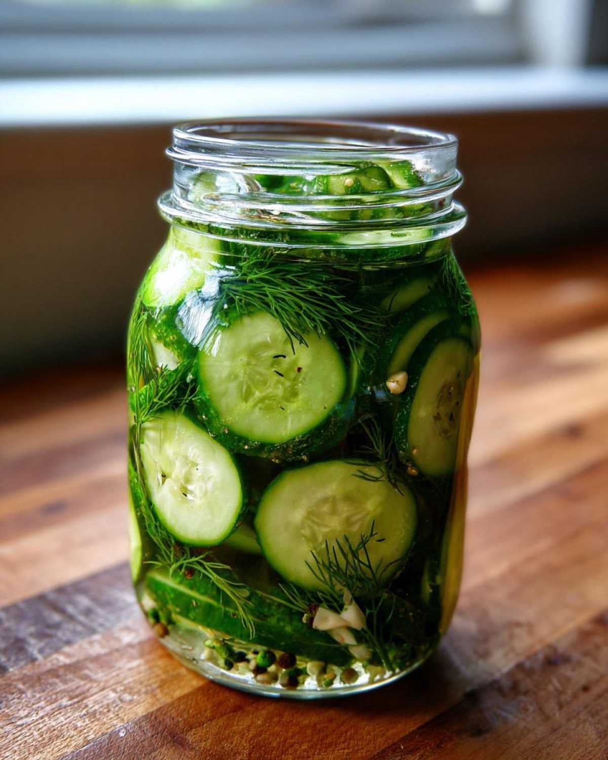 Close-up of sliced cucumbers and fresh dill in a glass jar making refrigerator pickles.