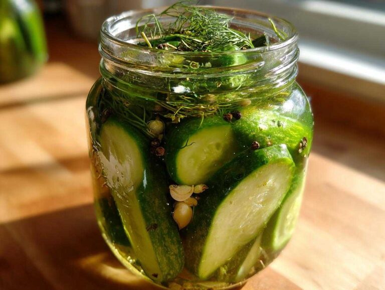 Close-up of sliced cucumbers, dill, garlic, and peppercorns in a jar of brine for refrigerator pickles.