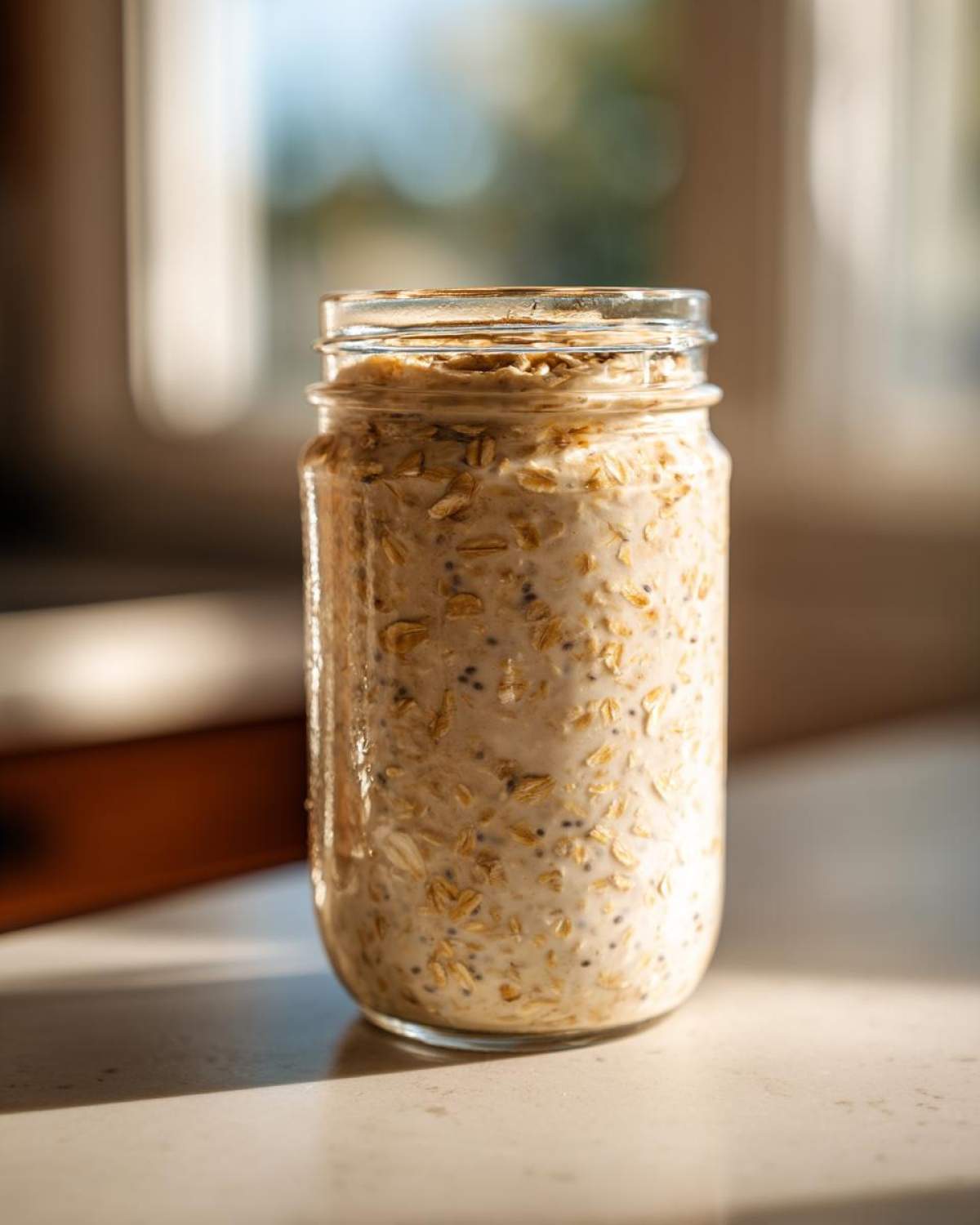 Close-up of a glass jar filled with creamy overnight oats mixed with visible chia seeds, sitting on a light countertop.