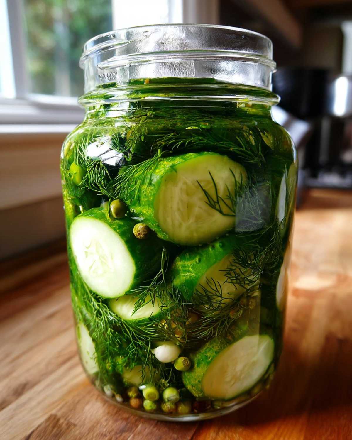 Close-up of a glass jar filled with sliced cucumbers, fresh dill, garlic, and peppercorns for refrigerator pickles.