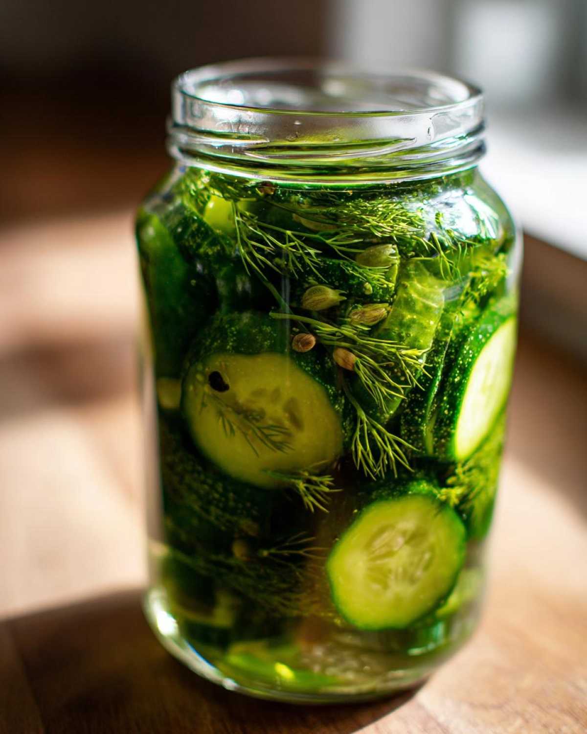 Close-up of a glass jar filled with sliced cucumbers, fresh dill, and spices for making refrigerator pickles.