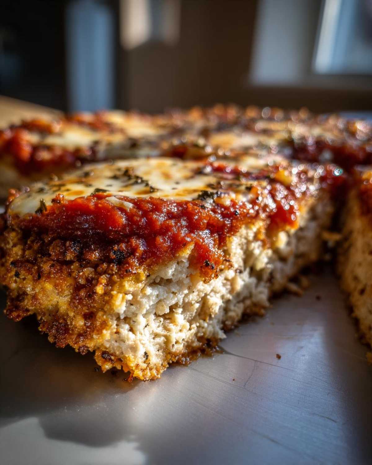 Close-up of a thick slice of keto chicken parmesan showing the white meat texture, crispy crust, marinara sauce, and melted cheese topping.