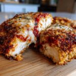 Close-up of keto chicken parmesan cut in half, showing crispy crust, melted cheese, and tender white chicken.