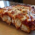 Close-up of a thick slice of keto chicken parmesan showing crispy crust, melted mozzarella, and rich tomato sauce.