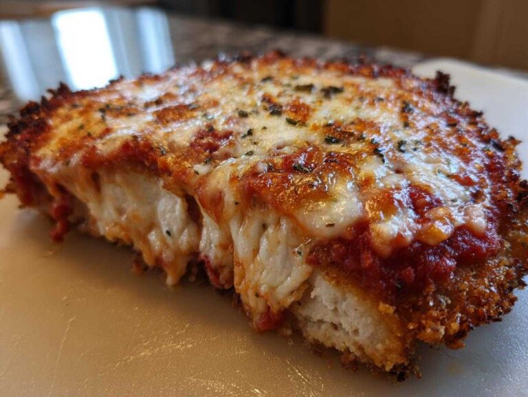 Close-up of a thick slice of keto chicken parmesan showing crispy crust, melted mozzarella, and rich tomato sauce.