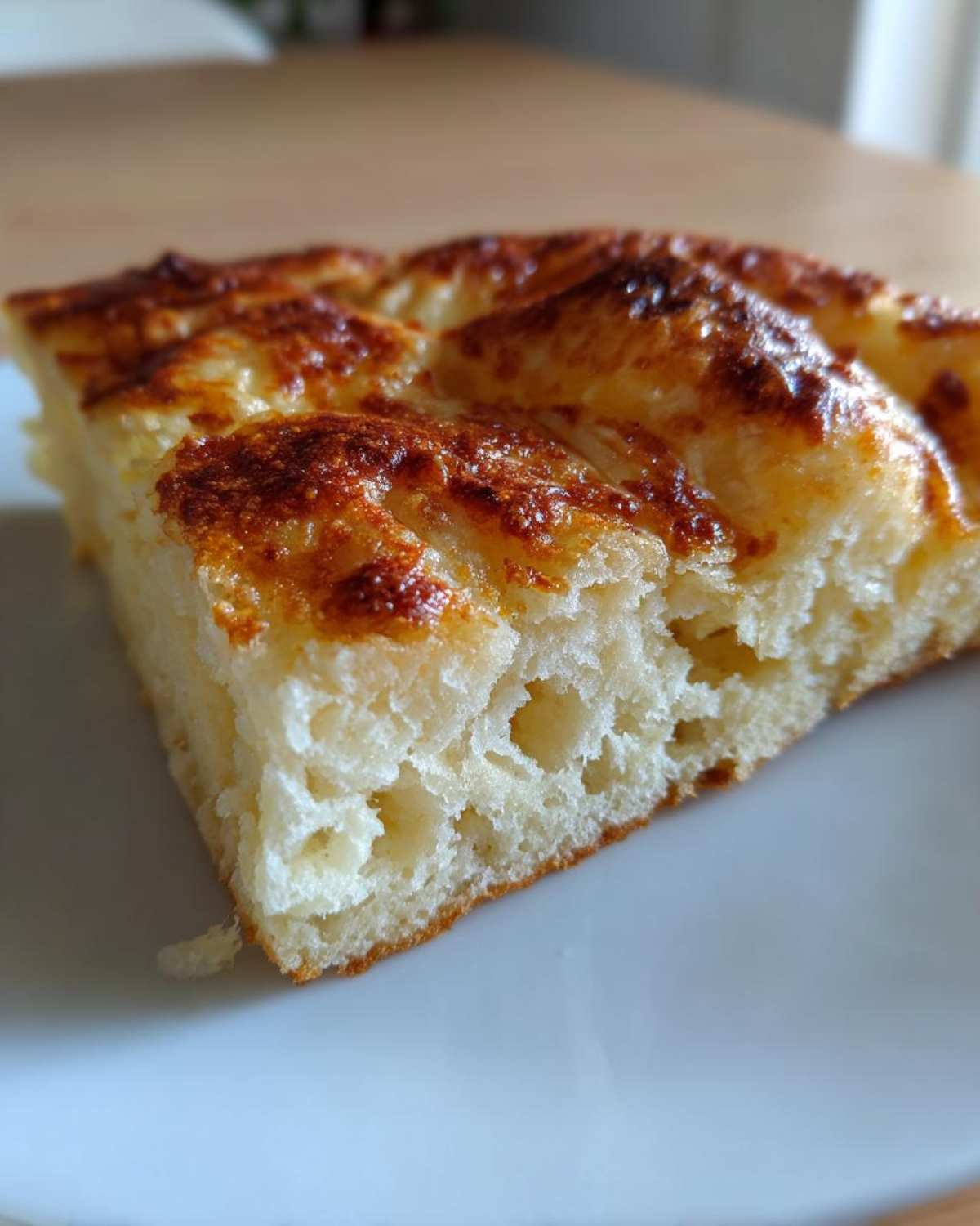 Close-up of a thick slice showing the airy interior and browned, cheesy top of the keto pizza crust.