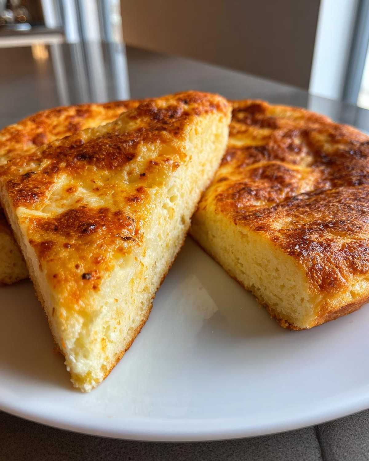 Two thick slices of golden brown keto pizza crust showing a fluffy interior texture on a white plate.