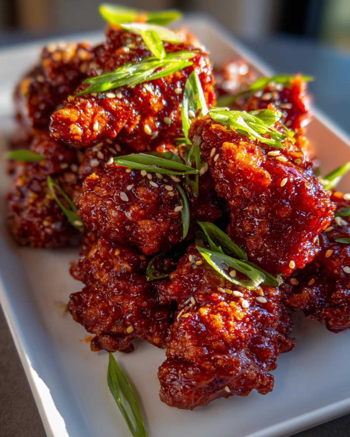 Close-up of crispy korean fried chicken pieces coated in a glossy red sauce, garnished with sesame seeds and green onions.