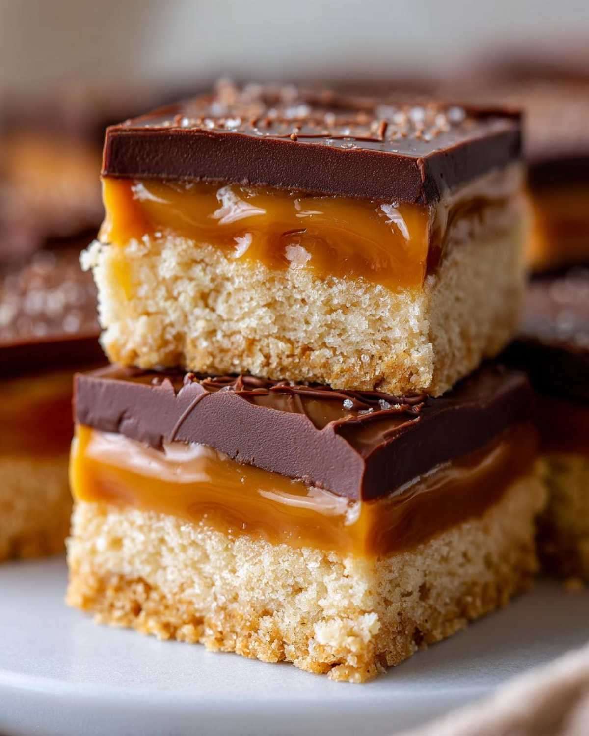 Two stacked squares of homemade twix cookies showing a shortbread base, thick caramel layer, and chocolate topping.