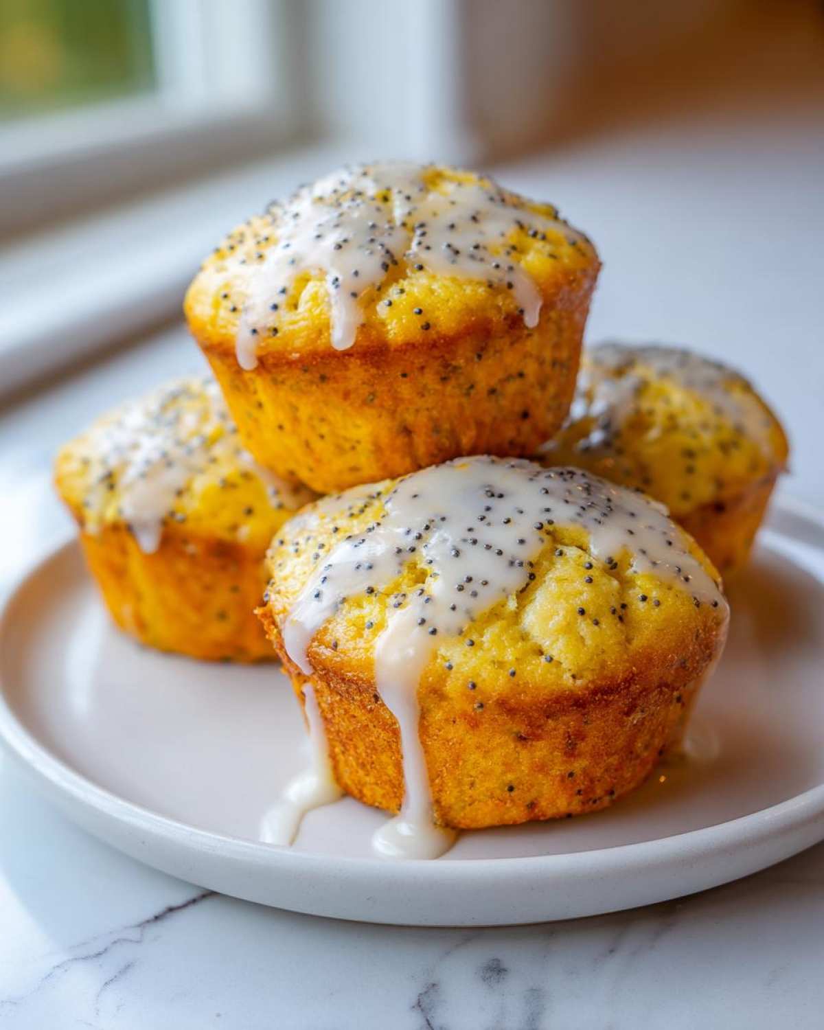 Four golden lemon poppy seed muffins stacked on a plate, drizzled with white lemon glaze.