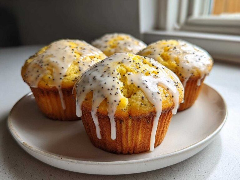 Four bright yellow lemon poppy seed muffins topped with thick white glaze and poppy seeds, resting on a light plate.