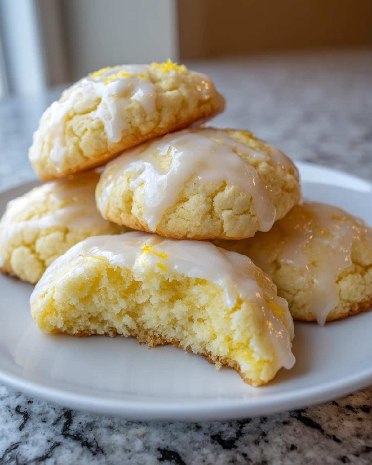 A stack of soft, glazed lemon ricotta cookies, with one cookie bitten to show the moist interior.