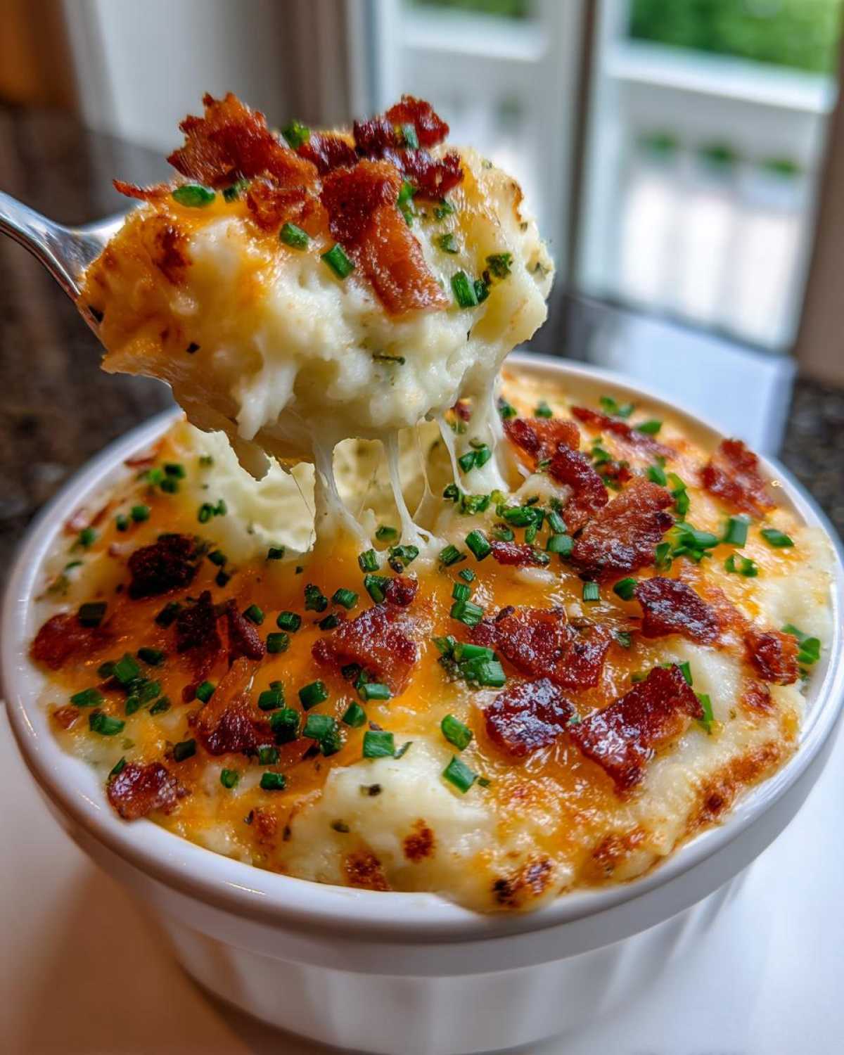 A spoonful of cheesy loaded mashed potatoes showing a cheese pull, topped with bacon and chives.