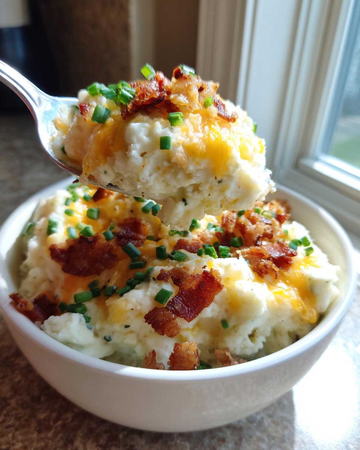 A spoonful of fluffy loaded mashed potatoes topped with melted cheddar, bacon bits, and chives being lifted from a bowl.