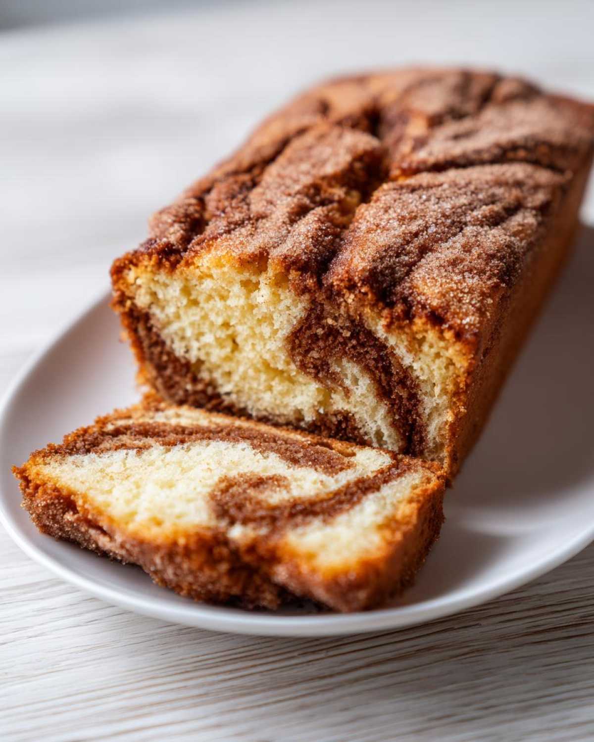 A sliced loaf of marbled snickerdoodle zucchini bread topped with cinnamon sugar resting on a white platter.