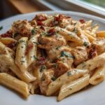 Close-up of a bowl of marry me chicken pasta featuring penne, creamy sauce, chicken pieces, and sun-dried tomatoes.