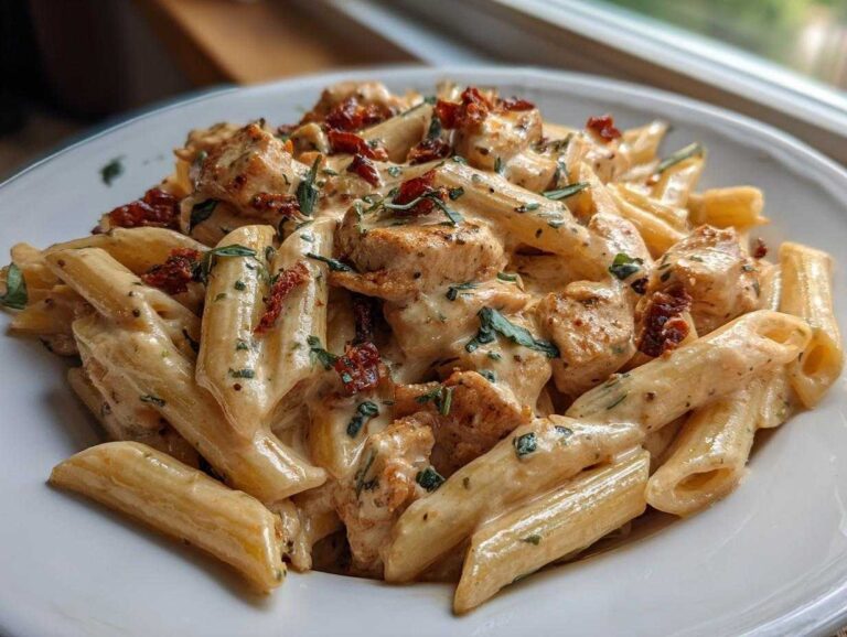 Close-up of a bowl of marry me chicken pasta featuring penne, creamy sauce, chicken pieces, and sun-dried tomatoes.