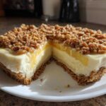 A slice removed from a rich, layered million dollar pie showing the crust, creamy filling, and pecan topping.