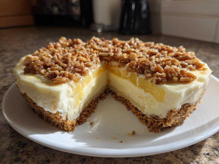 A slice removed from a rich, layered million dollar pie showing the crust, creamy filling, and pecan topping.
