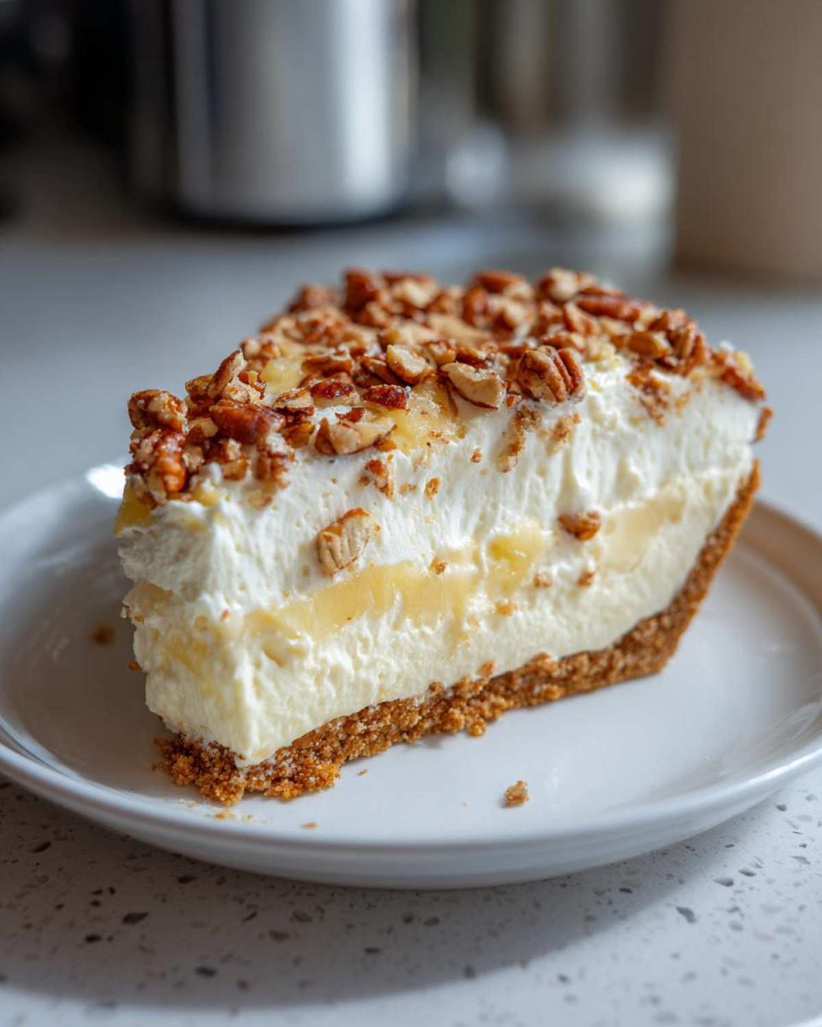 A thick slice of million dollar pie featuring a graham cracker crust, creamy filling, and topped with whipped cream and chopped pecans.