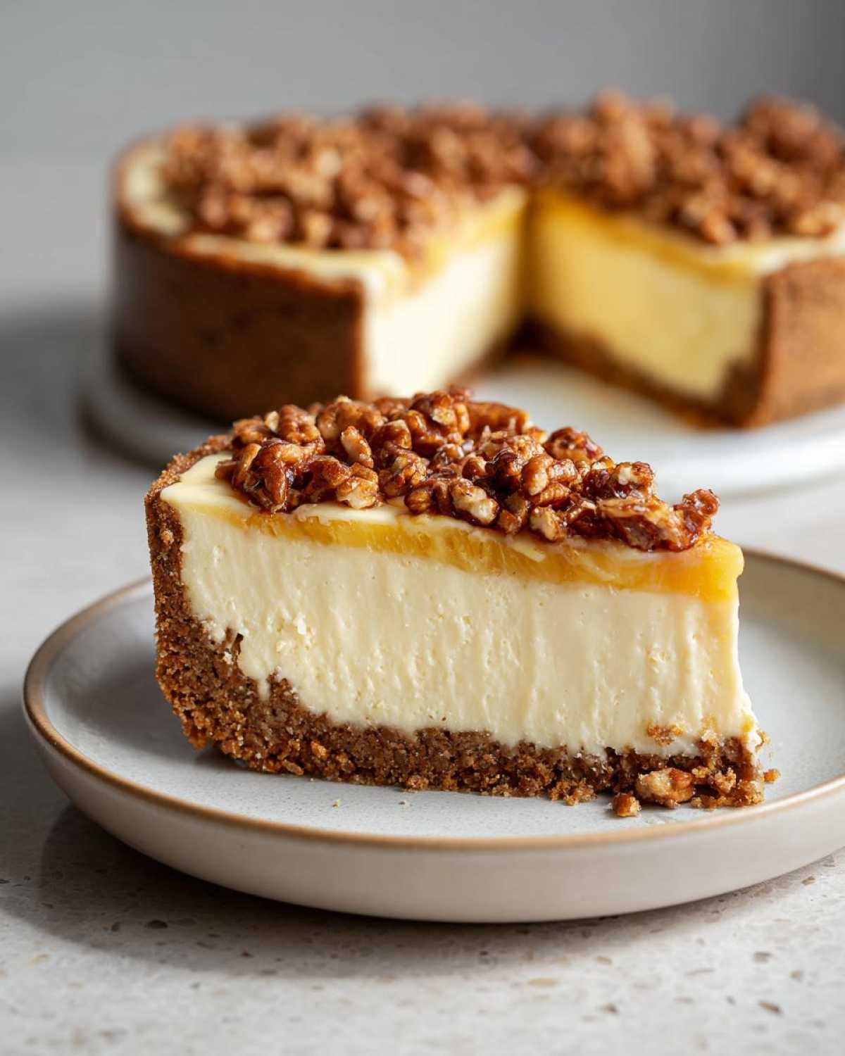 A close-up slice of million dollar pie featuring a thick crust, creamy filling, and candied pecan topping.