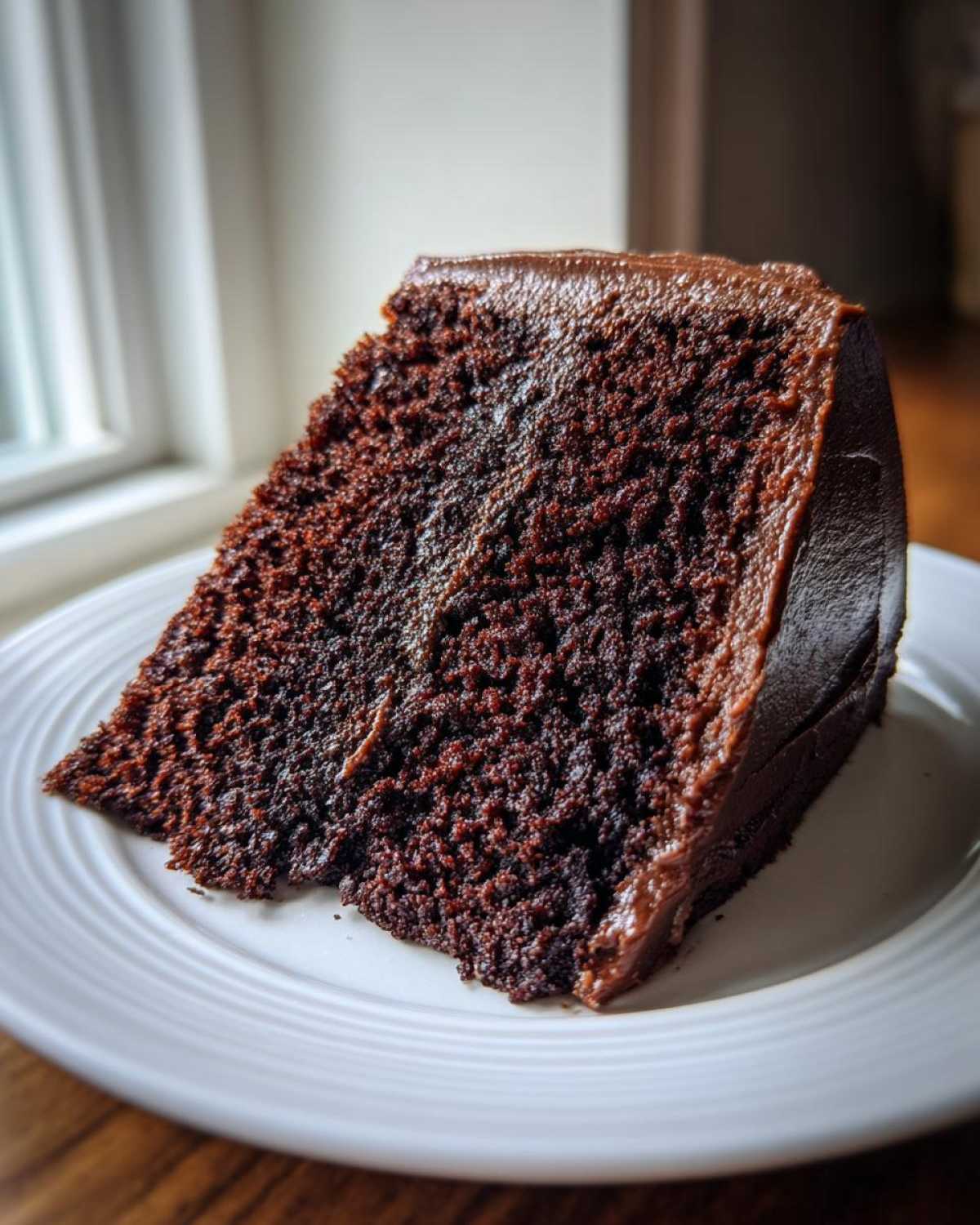 Close-up of a rich, moist slice of chocolate cake recipe covered in dark chocolate frosting on a white plate.