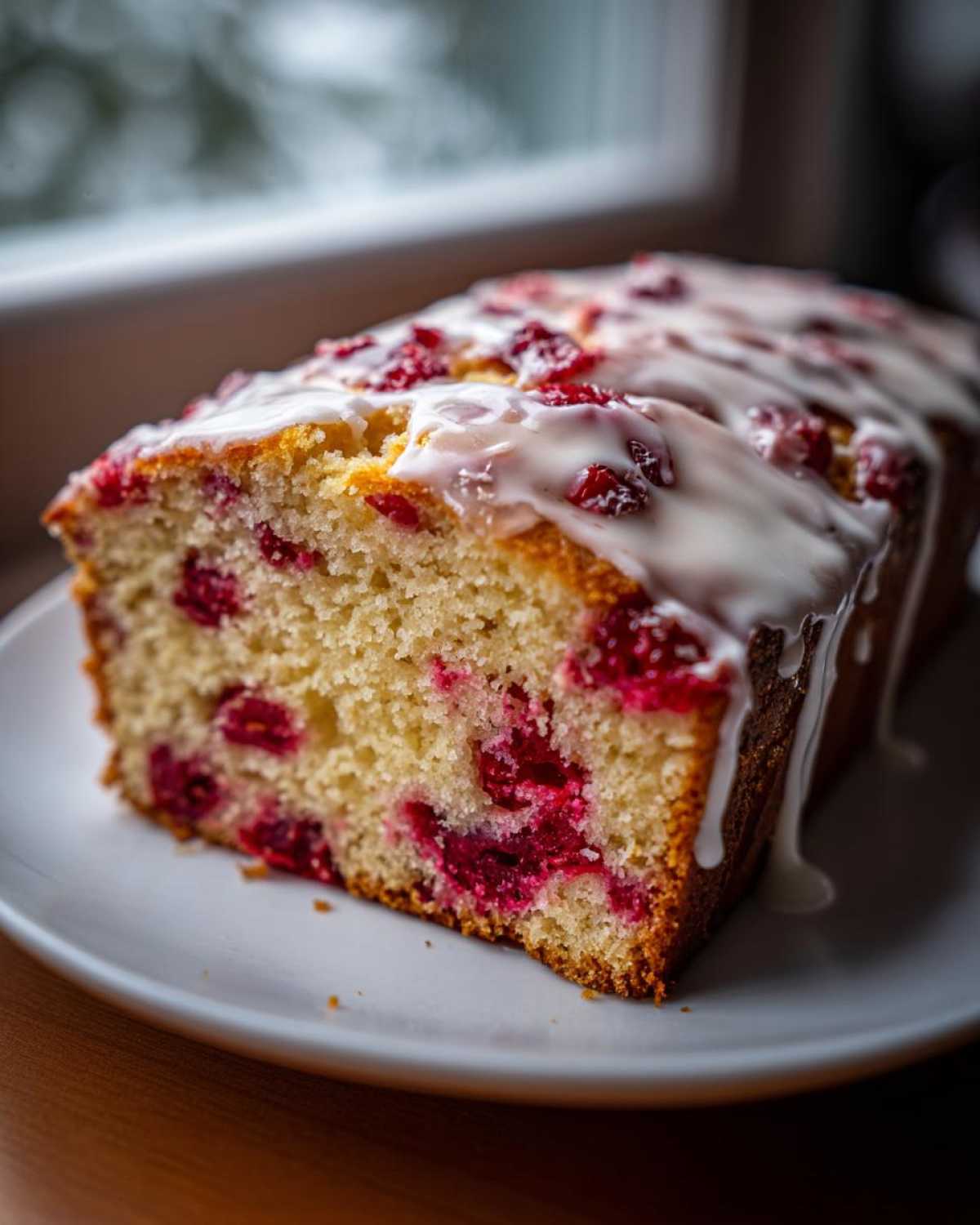 Close-up of a slice of moist cranberry orange bread topped with a thick white glaze, showing bright red cranberries inside.
